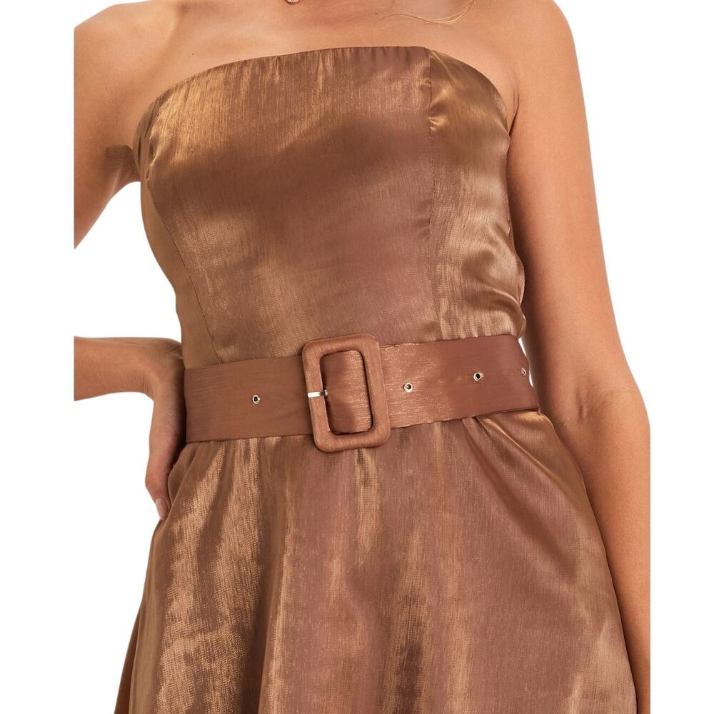 Lulu’s NWT Chicly Stunning Shiny Brown Organza Strapless Belted Midi Dress - Picture 3 of 14